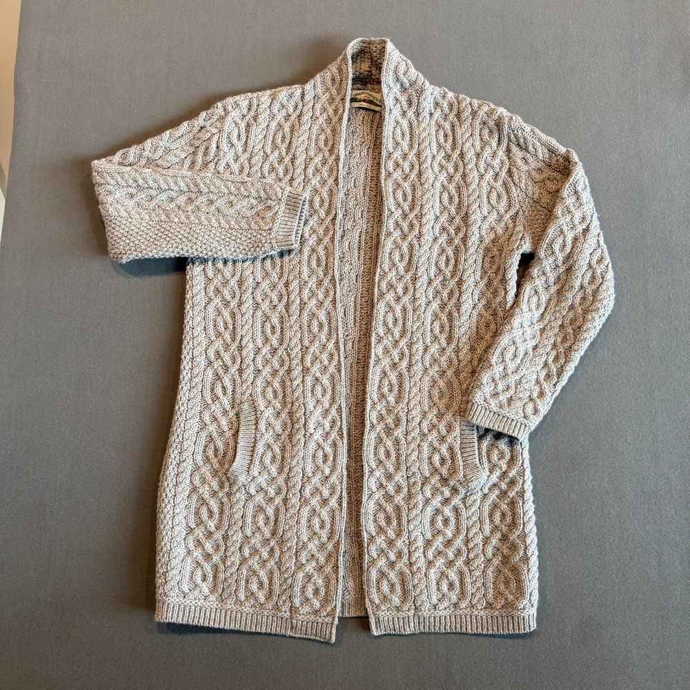 Aran Crafts Ireland 100% Merino Wool Cable Knit Long Cardigan Heather Gray XXL